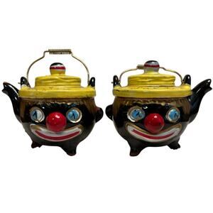 Vintage Thames Redware Black Clown Face Teapot Salt & Pepper Shakers Japan 50s